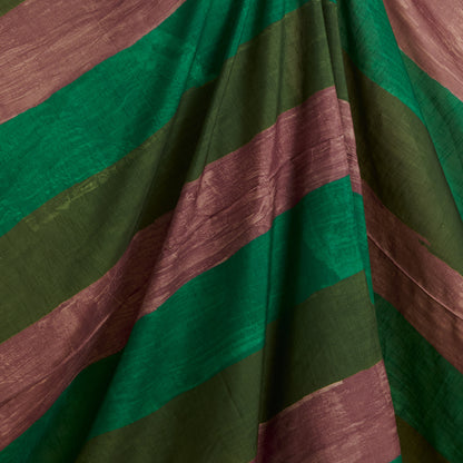 Brown Green Slub Silk Digital Printed Multi Patta Fabric