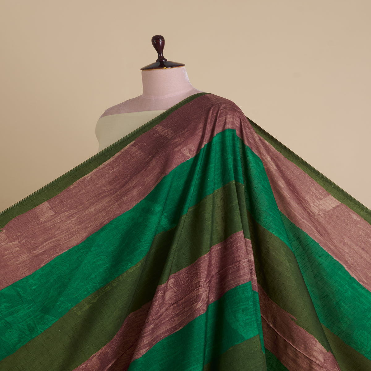 Brown Green Slub Silk Digital Printed Multi Patta Fabric