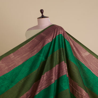 Brown Green Slub Silk Digital Printed Multi Patta Fabric