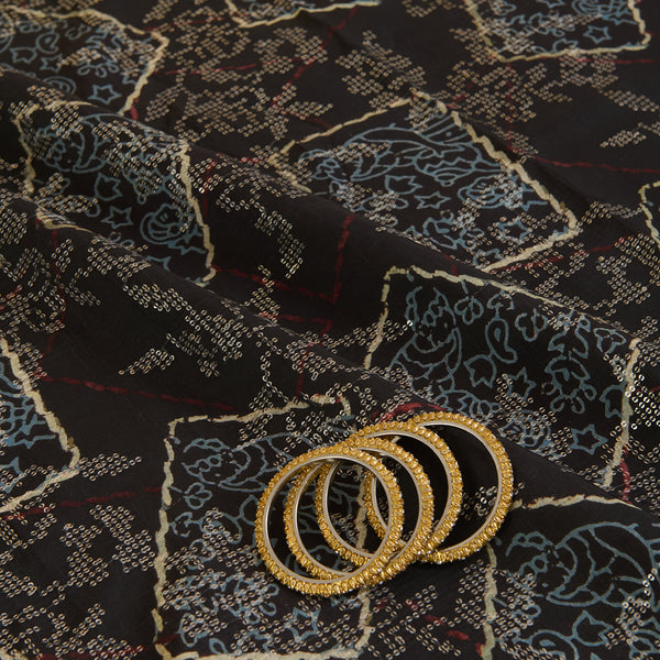 Black Slub Silk Ajrakh Printed Fabric