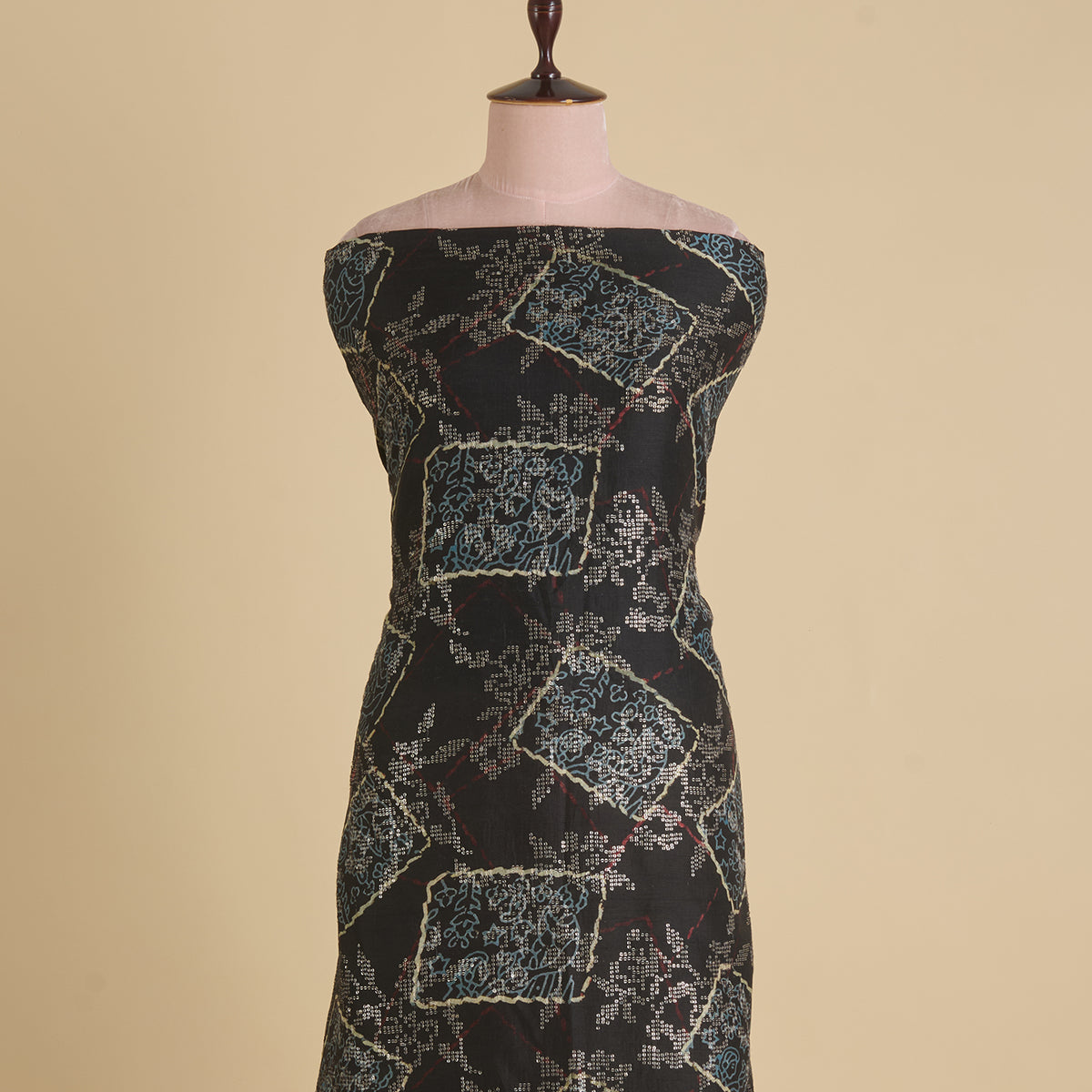 Black Slub Silk Ajrakh Printed Fabric