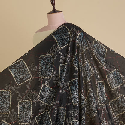 Black Slub Silk Ajrakh Printed Fabric