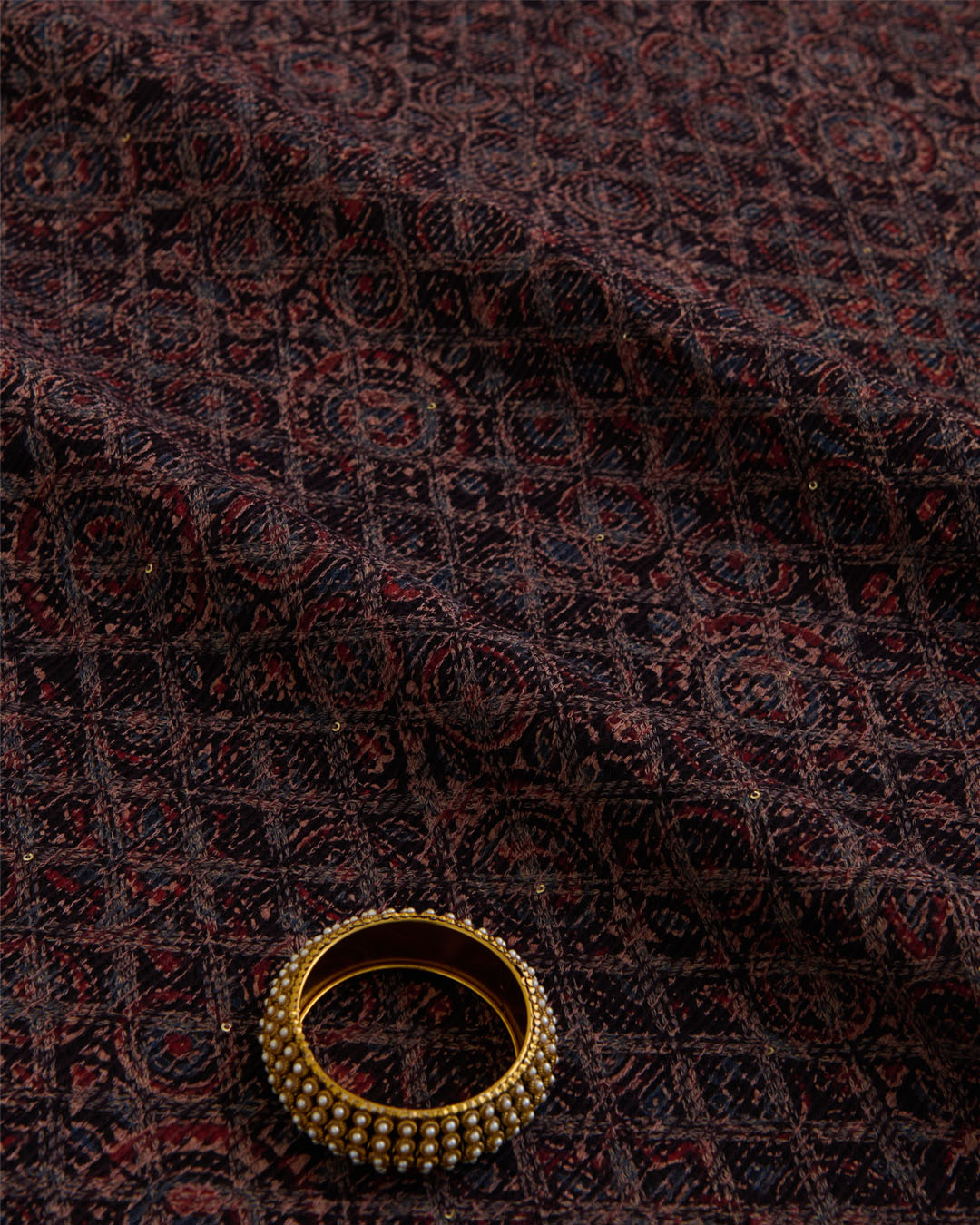 Slub Silk Ajrakh Printed With Stitches & Sequins Embroidery Fabric Black