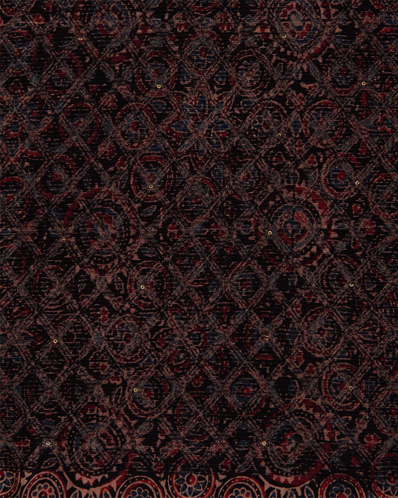 Slub Silk Ajrakh Printed With Stitches & Sequins Embroidery Fabric Black