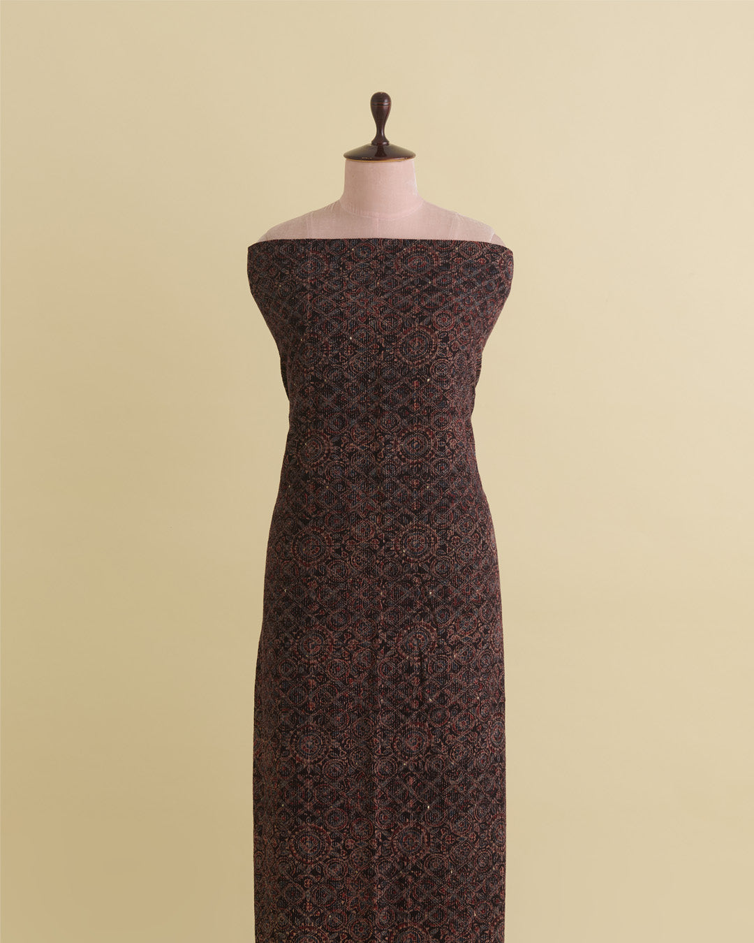 Slub Silk Ajrakh Printed With Stitches & Sequins Embroidery Fabric Black