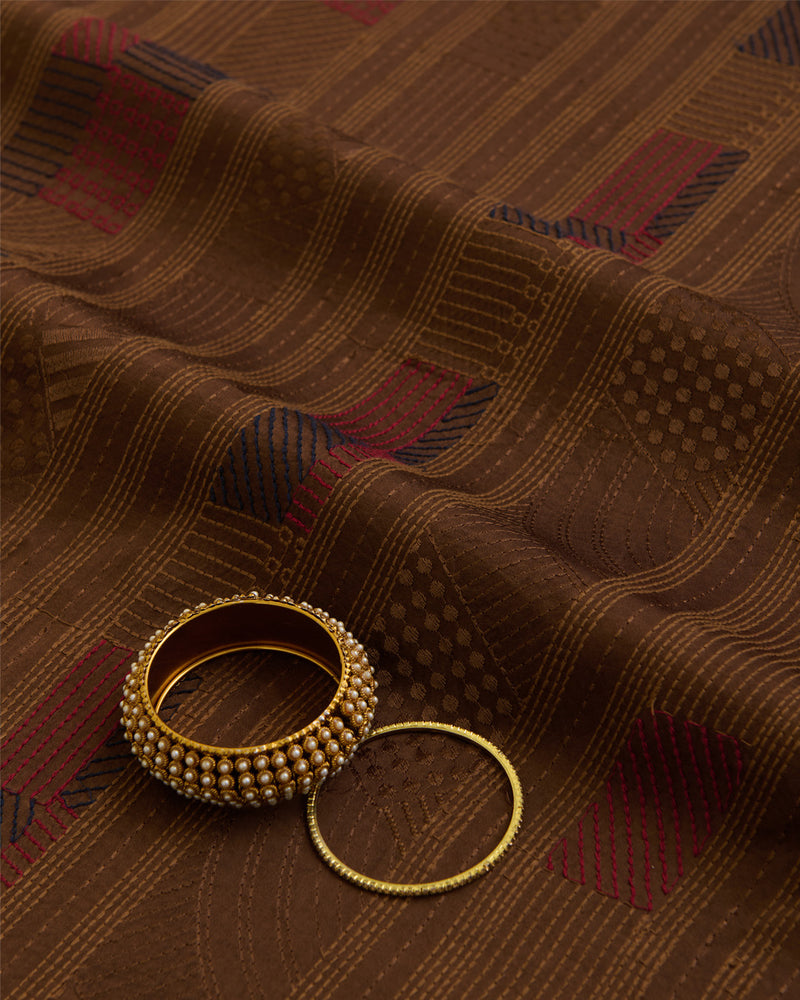 Brown Satin Dupion Fabric with Thread Geometric Embroidery