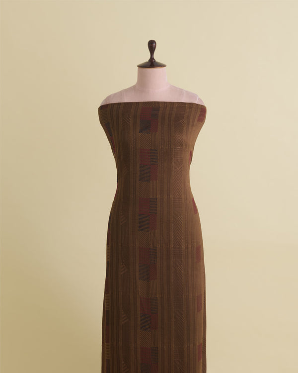 Satin Dupion Fabric with Thread Geometric Embroidery Brown