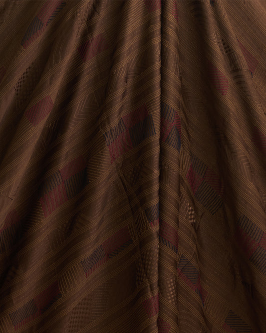 Satin Dupion Fabric with Thread Geometric Embroidery Brown