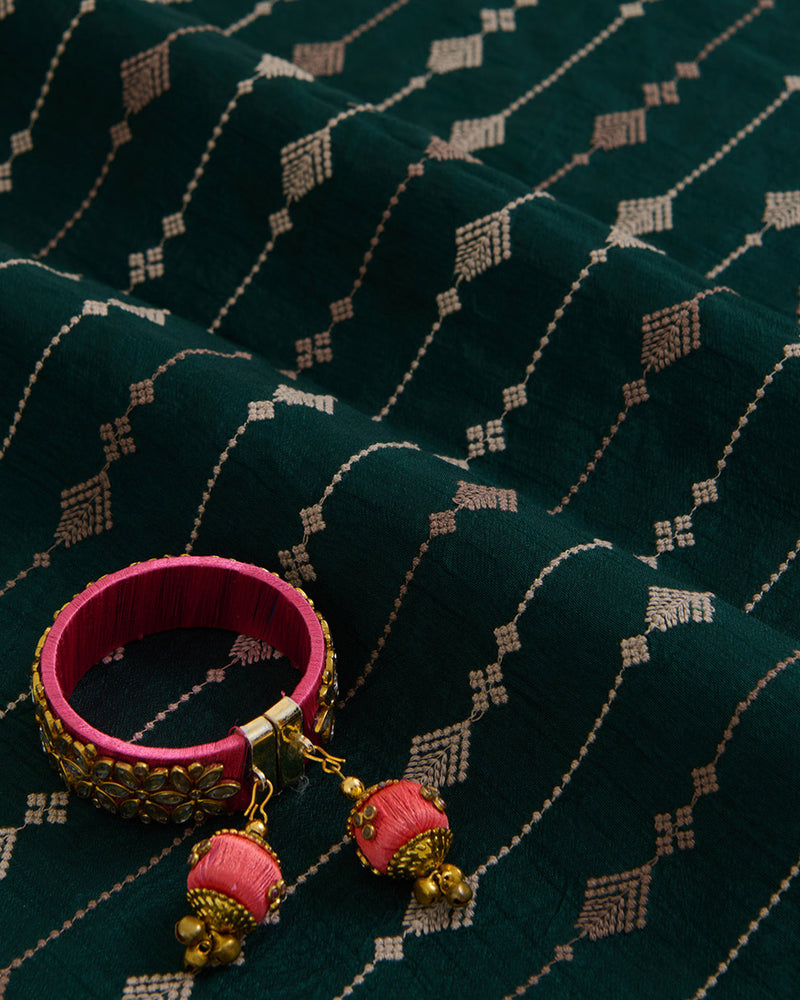 Bottle Green Slub Silk Thread Stripe Embroidery Fabric