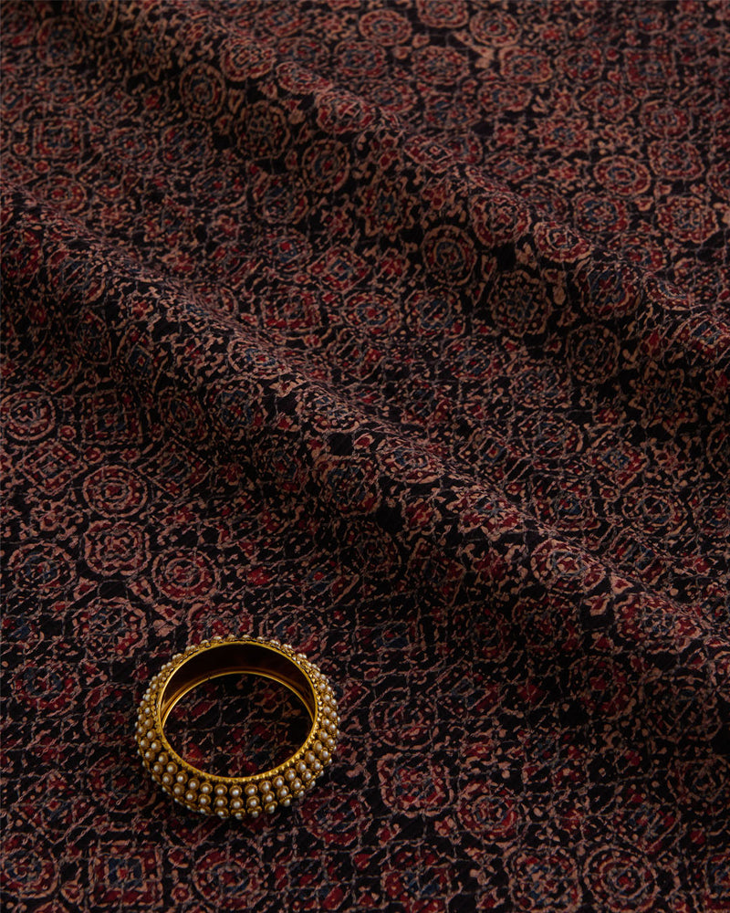 Slub Silk Ajrakh Printed With Stitches Embroidery Fabric Black