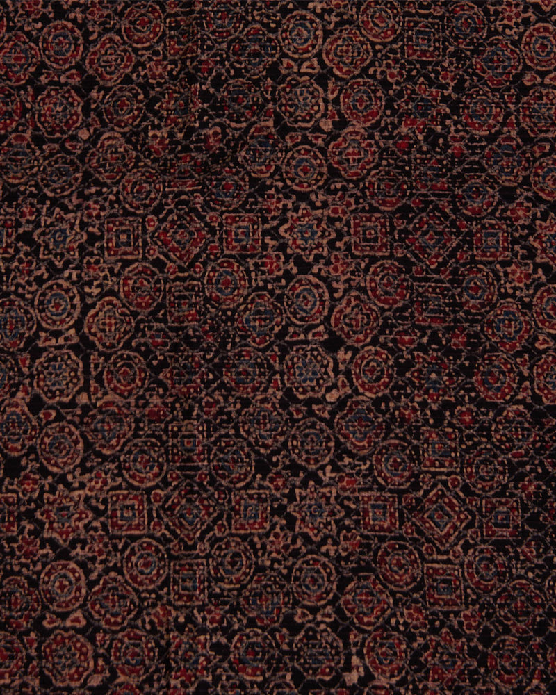 Slub Silk Ajrakh Printed With Stitches Embroidery Fabric Black
