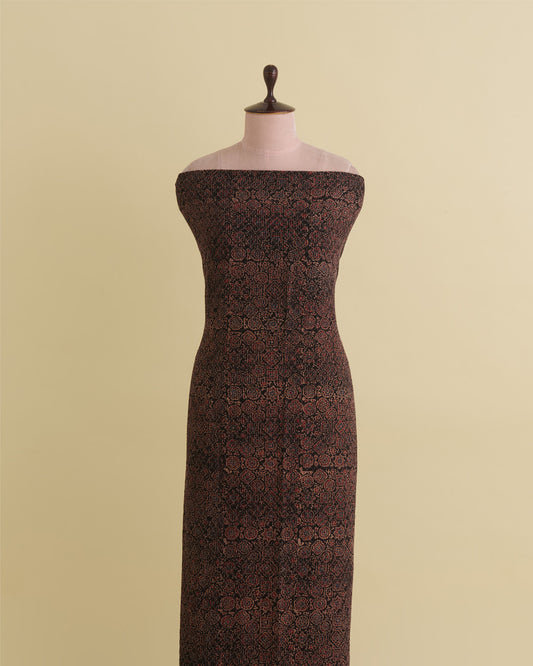 Slub Silk Ajrakh Printed With Stitches Embroidery Fabric Black