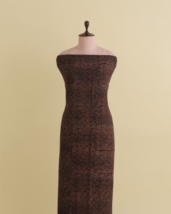Slub Silk Ajrakh Printed With Stitches Embroidery Fabric Black
