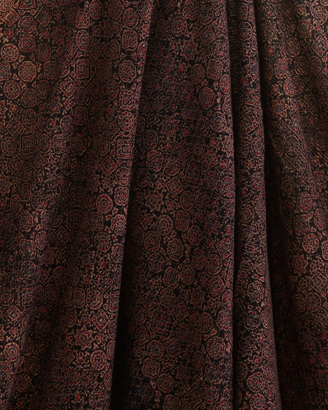 Slub Silk Ajrakh Printed With Stitches Embroidery Fabric Black