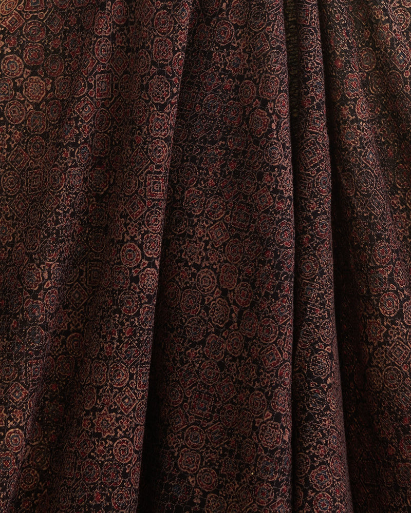 Slub Silk Ajrakh Printed With Stitches Embroidery Fabric Black