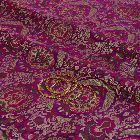 Dark Purple Silk Khinkhab Brocade Minakari Woven Fabric