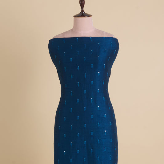 Dark Blue Slub Silk Mirror Work Fabric