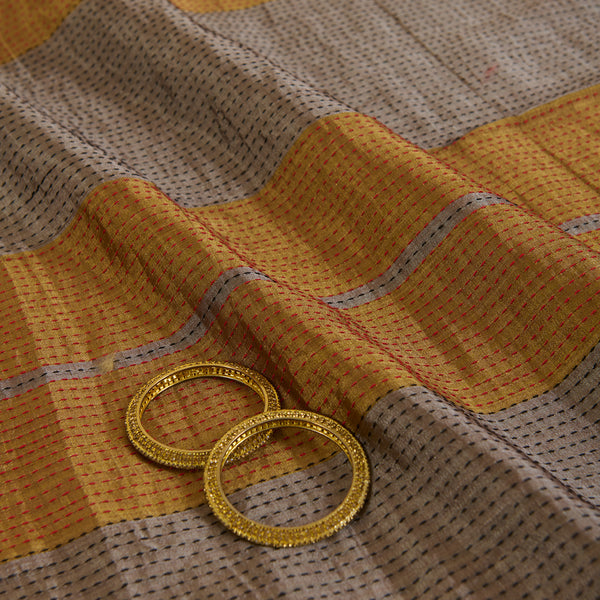 Gold Silver Silk Tissue Patta with Kantha Stitch Fabric
