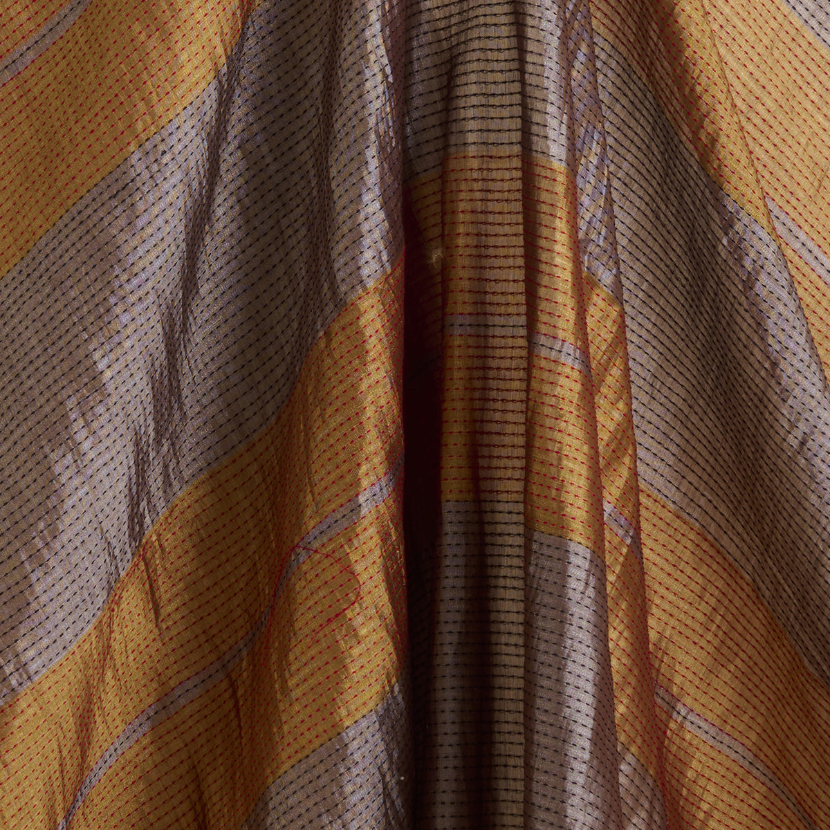 Gold Silver Silk Tissue Patta with Kantha Stitch Fabric