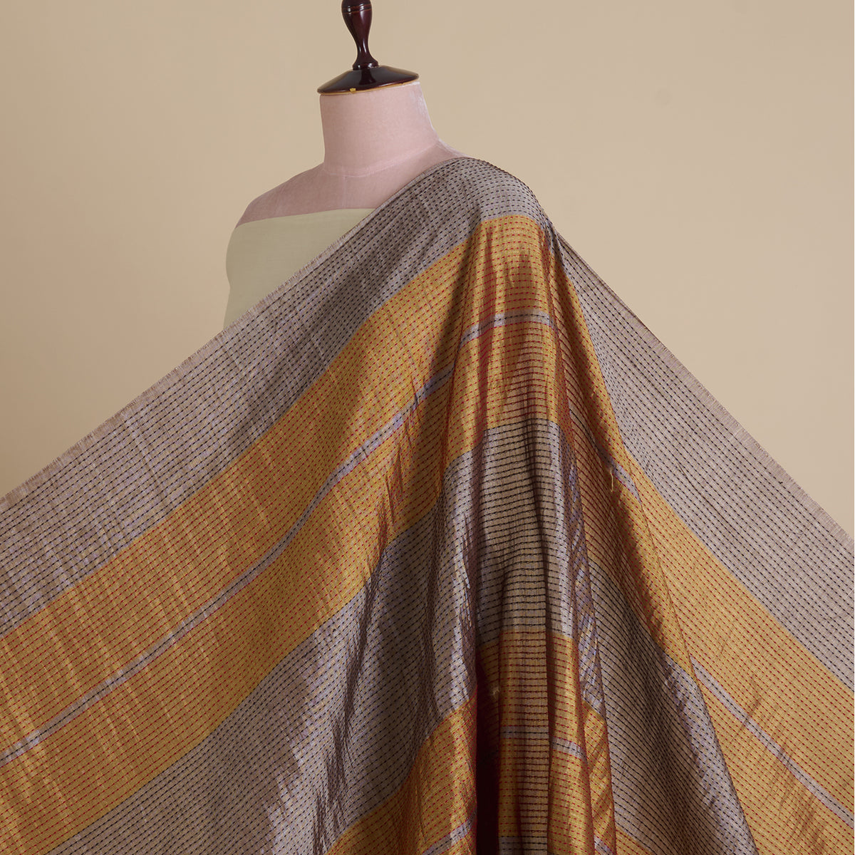 Gold Silver Silk Tissue Patta with Kantha Stitch Fabric