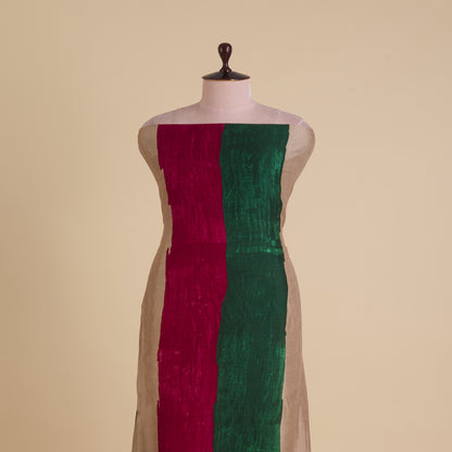 Green Red Slub Silk Digital Printed Multi Patta Fabric