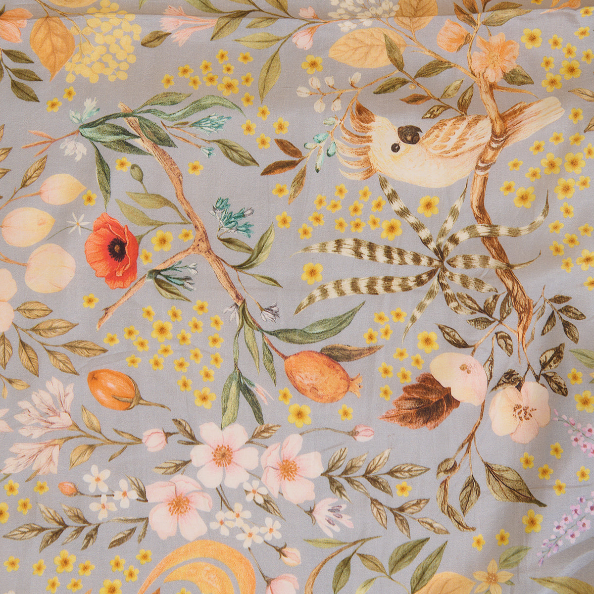 Grey Semi Tussar Silk Floral Printed Fabric