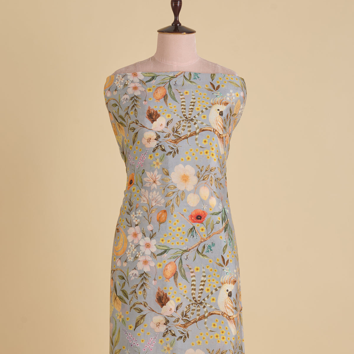 Grey Semi Tussar Silk Floral Printed Fabric