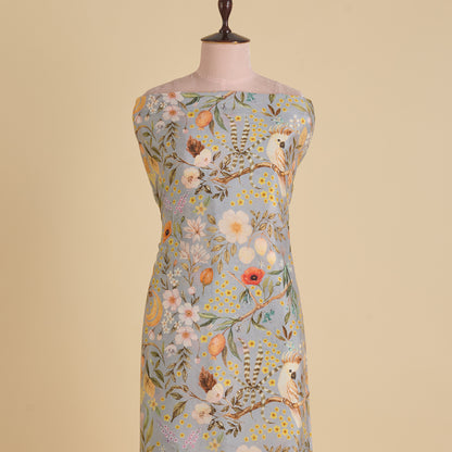 Grey Semi Tussar Silk Floral Printed Fabric