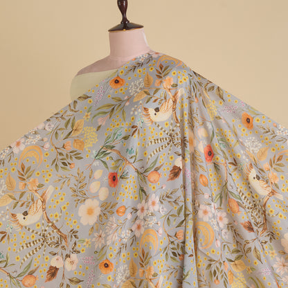Grey Semi Tussar Silk Floral Printed Fabric