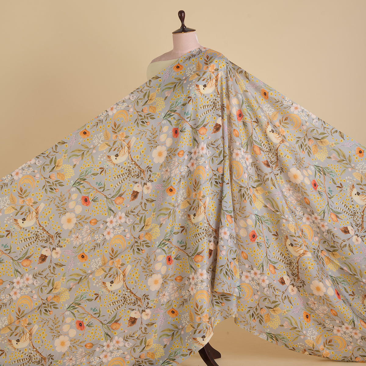 Grey Semi Tussar Silk Floral Printed Fabric