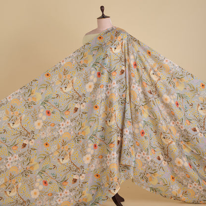 Grey Semi Tussar Silk Floral Printed Fabric