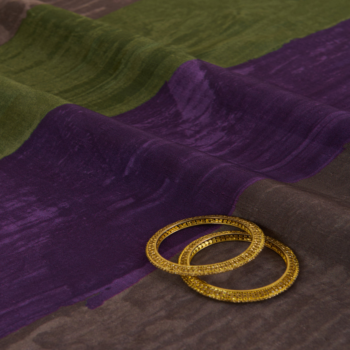 Green Purple Slub Silk Digital Printed Multi Patta Fabric