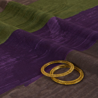 Green Purple Slub Silk Digital Printed Multi Patta Fabric