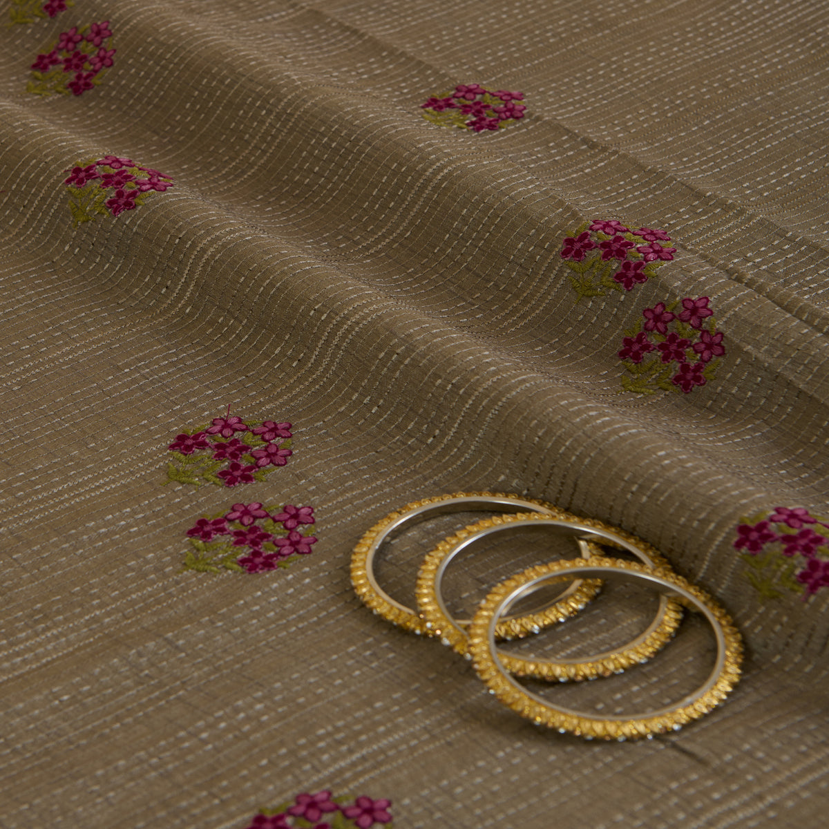 Grey Slub Silk Thread Embroidery Stripes Buta Fabric