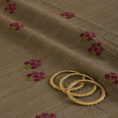 Grey Slub Silk Thread Embroidery Stripes Buta Fabric