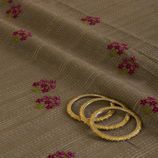 Grey Slub Silk Thread Embroidery Stripes Buta Fabric