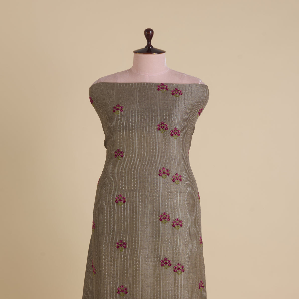 Grey Slub Silk Thread Embroidery Stripes Buta Fabric