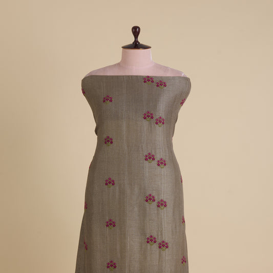 Grey Slub Silk Thread Embroidery Stripes Buta Fabric