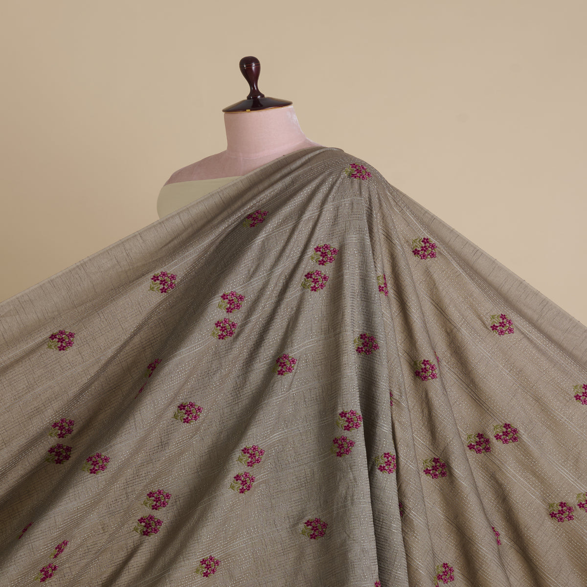 Grey Slub Silk Thread Embroidery Stripes Buta Fabric