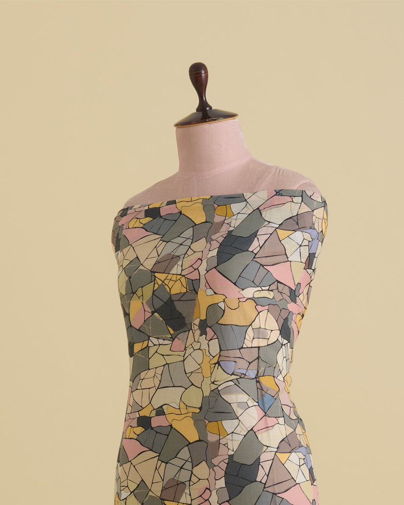 Grey Multi Slub Cotton Abstract Printed Fabric