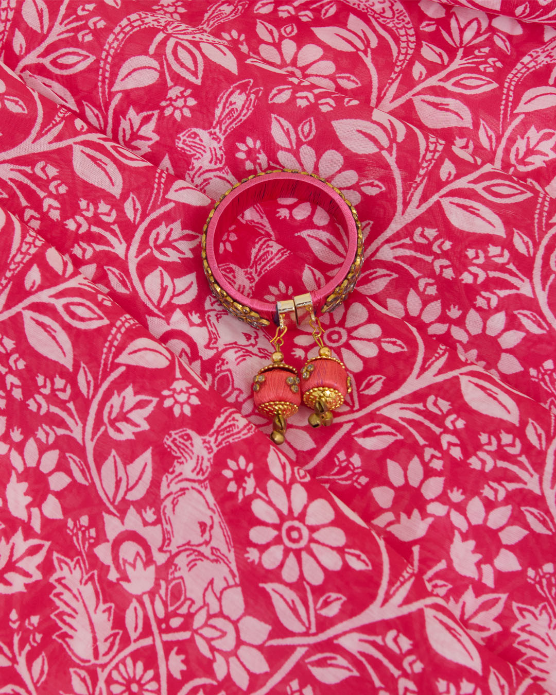 Hot Pink Silk Chanderi Floral Jaal
