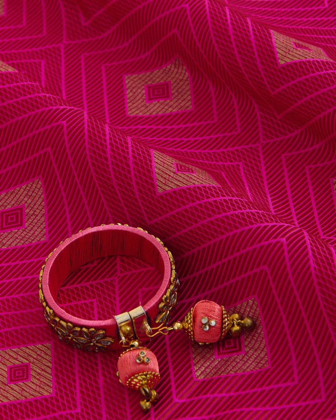 Hot Pink Silk Resham Geometric Antique Mina Brocade Fabric