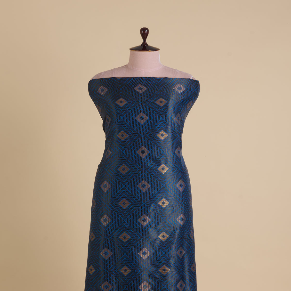 Imperial Blue Silk Resham Geometric Antique Mina Brocade Fabric