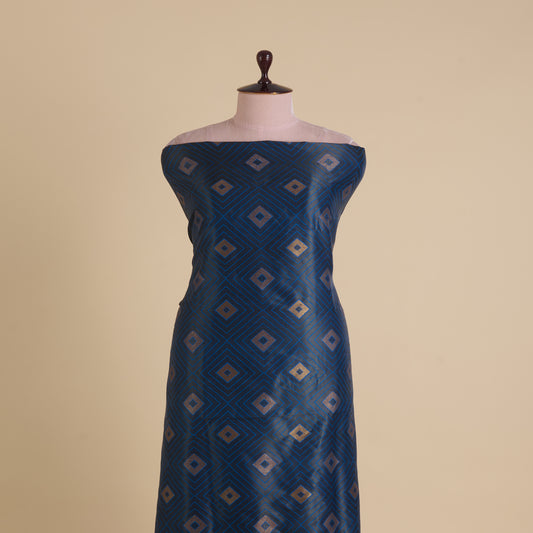 Imperial Blue Silk Resham Geometric Antique Mina Brocade Fabric