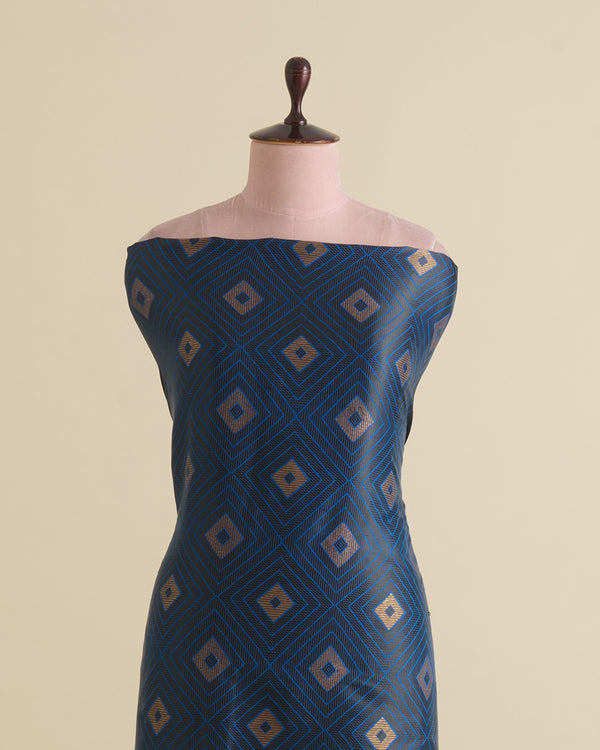 Imperial Blue Silk Resham Geometric Antique Mina Brocade Fabric