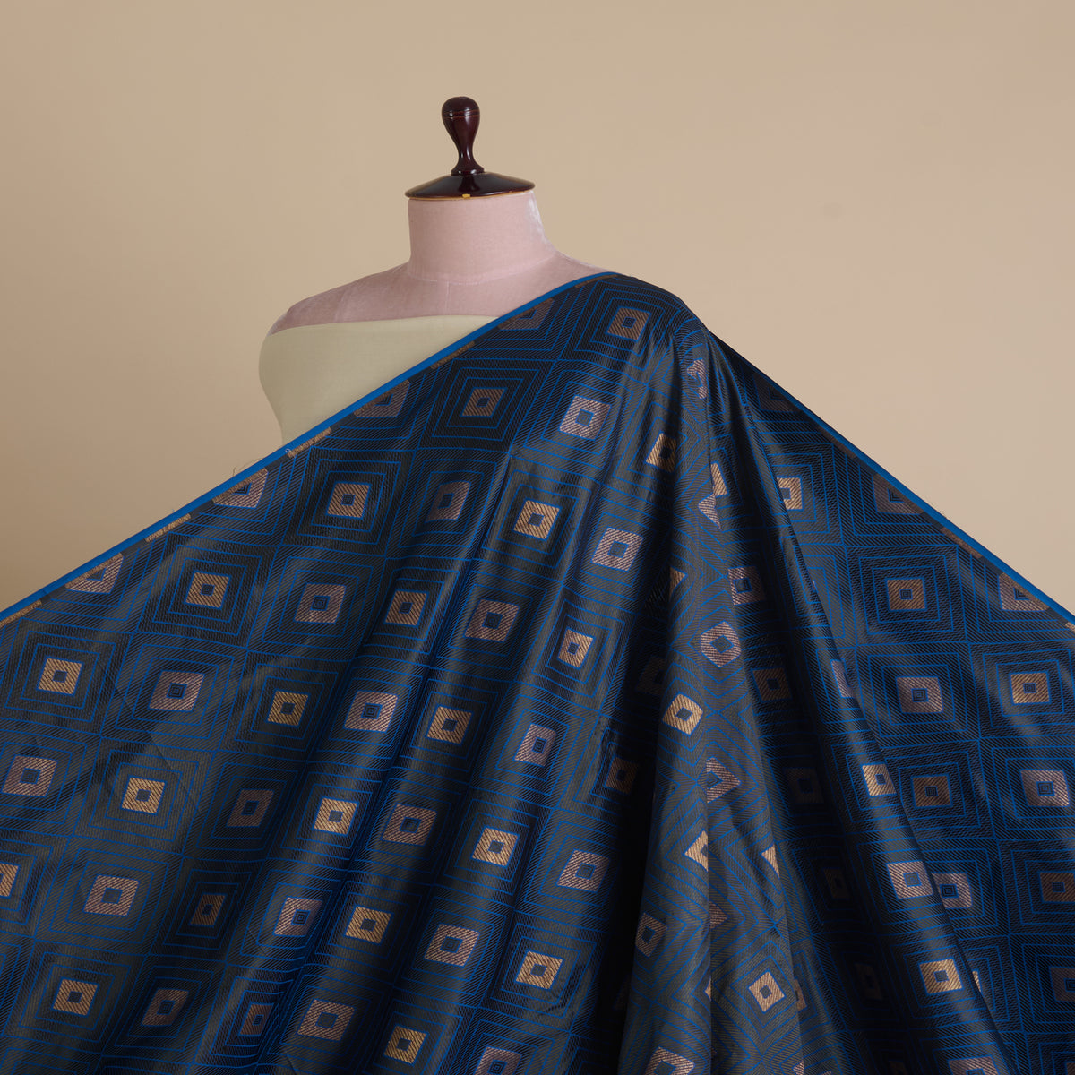 Imperial Blue Silk Resham Geometric Antique Mina Brocade Fabric