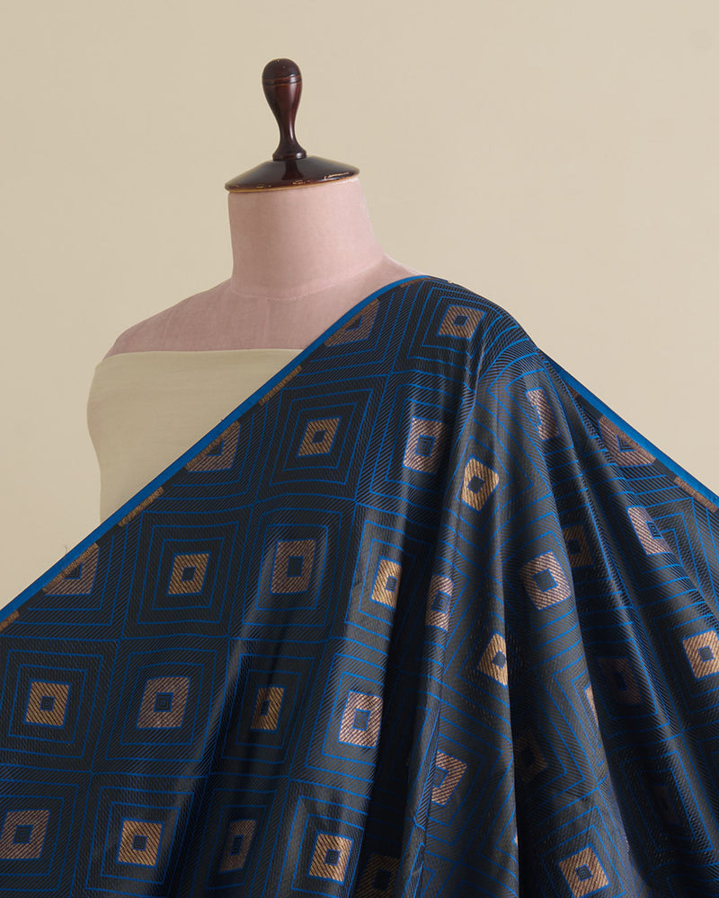 Imperial Blue Silk Resham Geometric Antique Mina Brocade Fabric