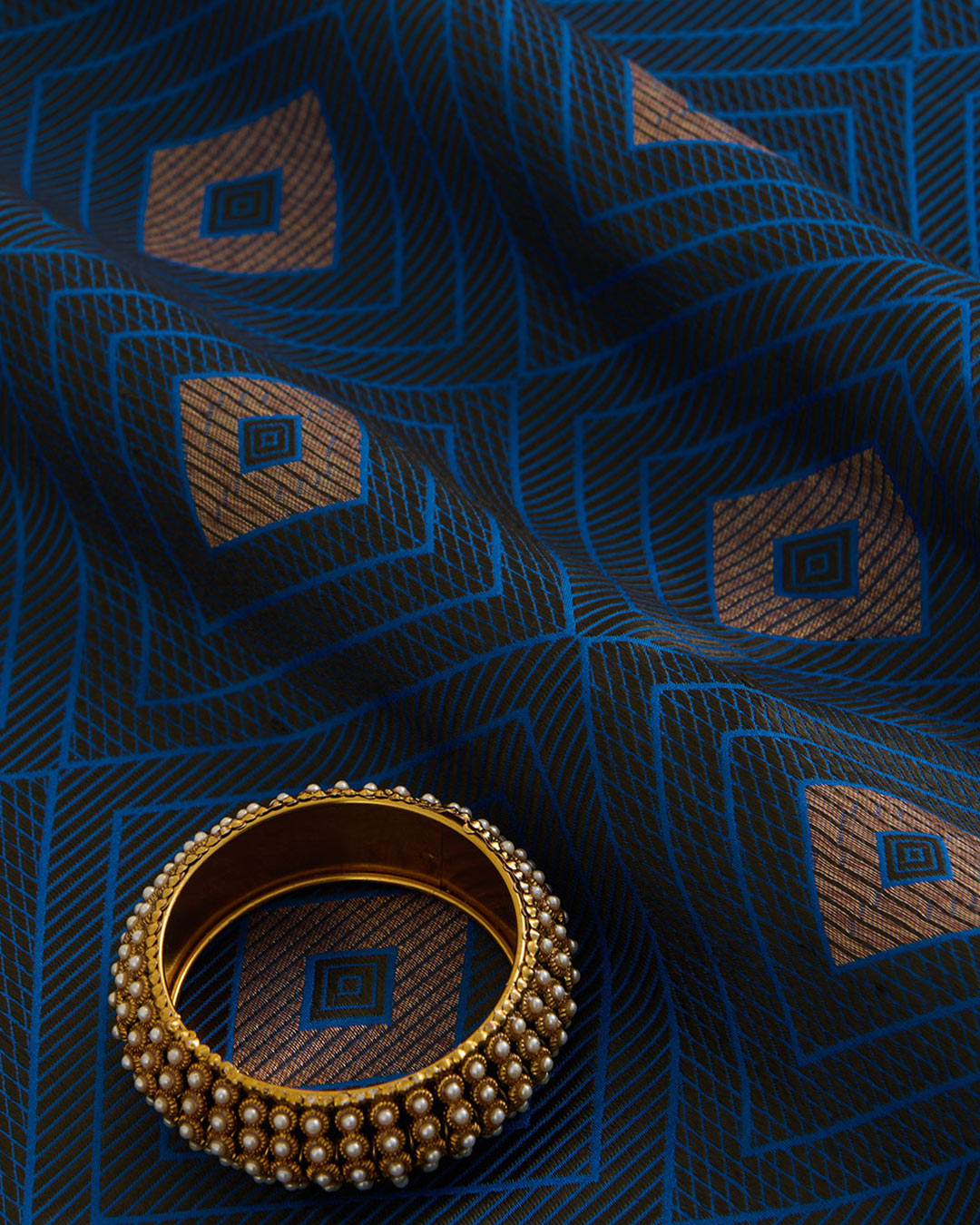 Imperial Blue Silk Resham Geometric Antique Mina Brocade Fabric