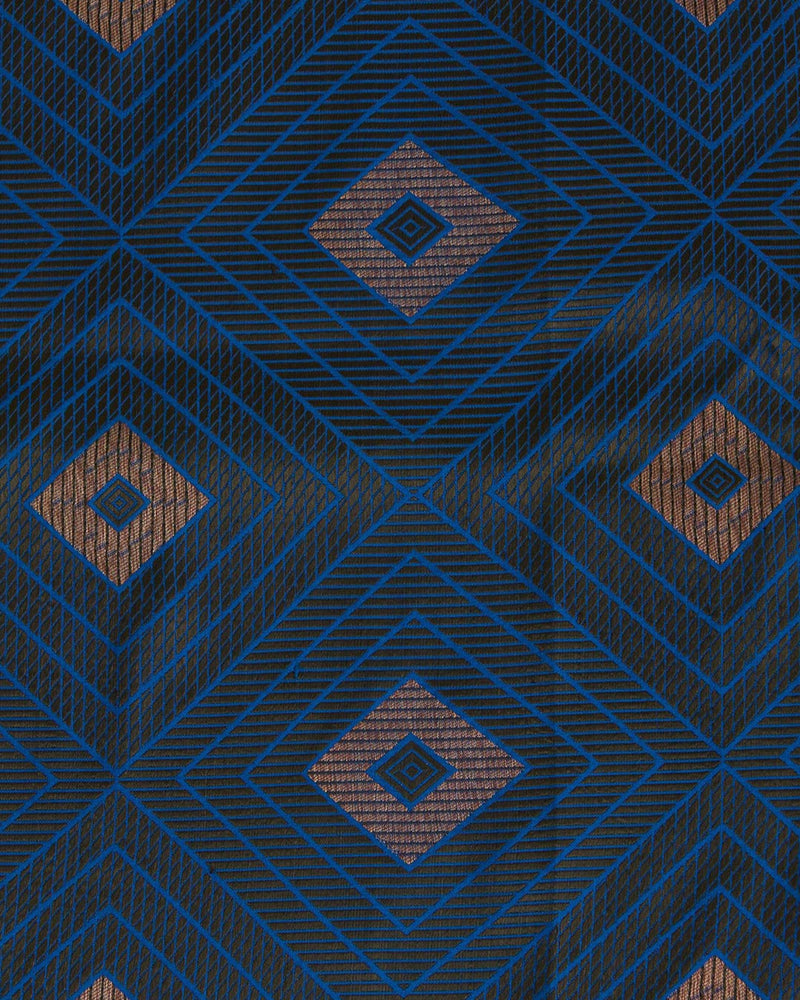 Imperial Blue Silk Resham Geometric Antique Mina Brocade Fabric