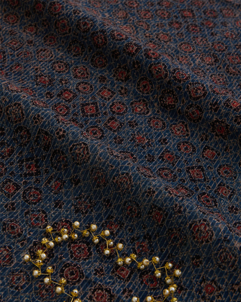 Slub Silk Ajrakh Printed Embroidery Fabric with Stitches Indigo Blue